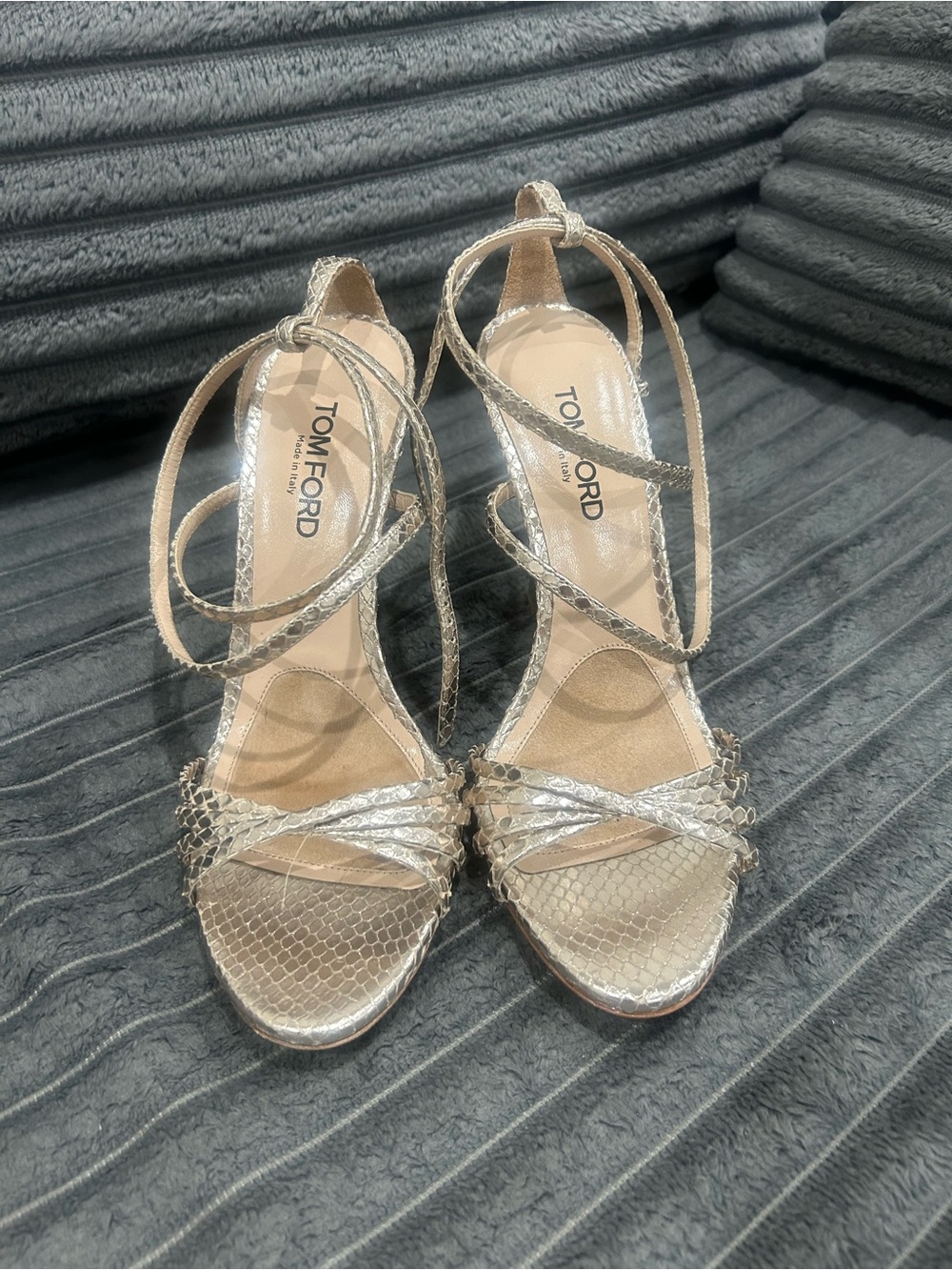 Tom Ford Metallic Snake-Embossed Ankle-Tie Sandals -